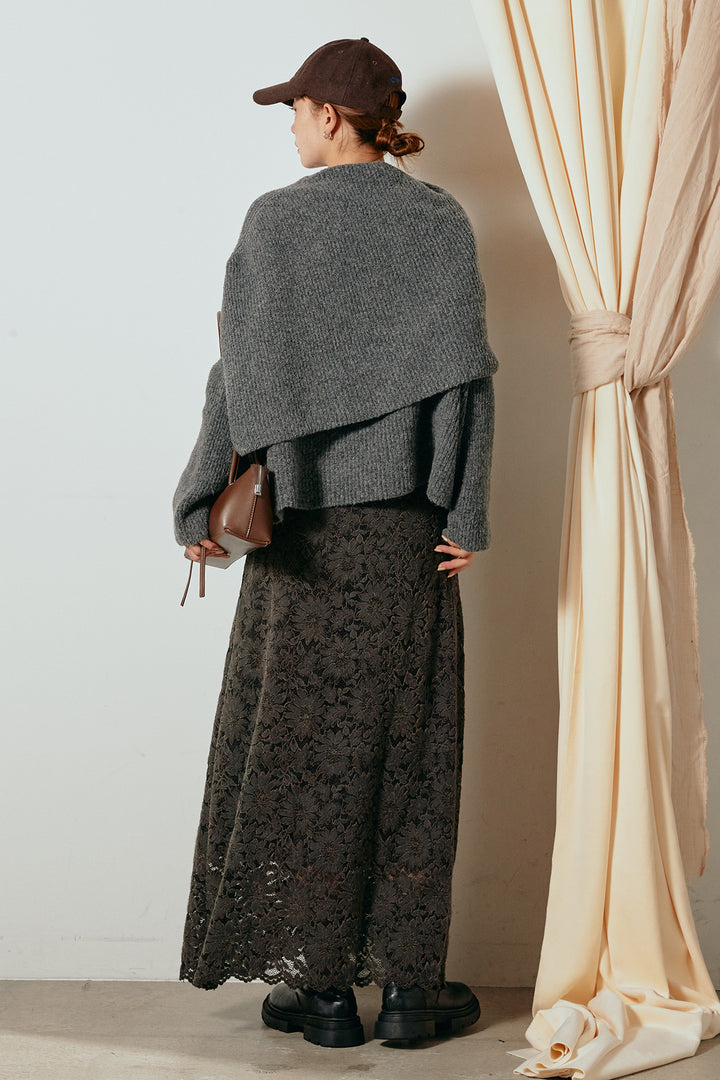 [SET]ケープデザインリブニットトップス+花柄刺繍ベロアフレアスカート(2set)