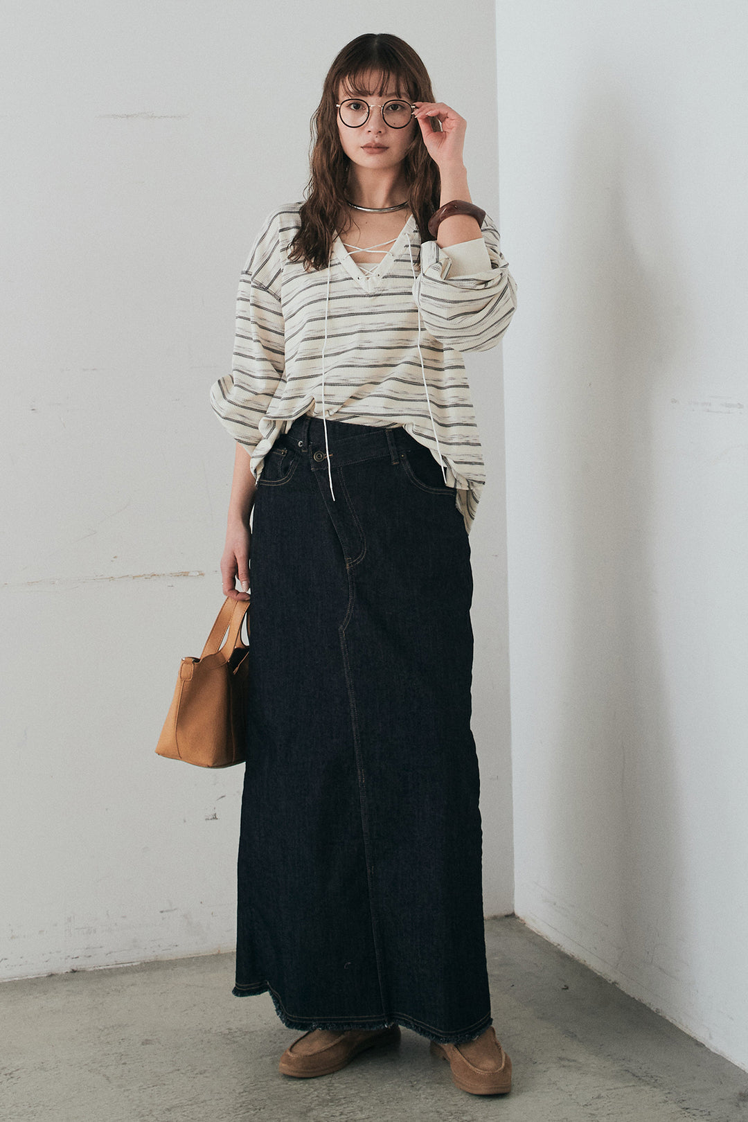 [SET]レースアップワッフルボーダートップス+ウエストクロスデニムタイトスカート(2set)