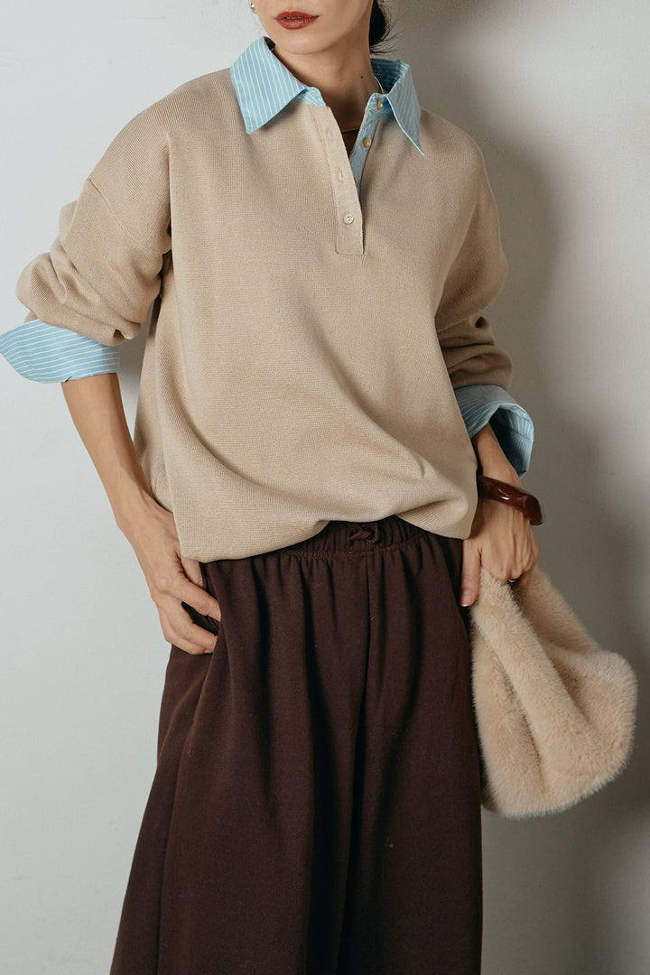 [SET]ストライプシャツドッキングポロトップス+裏起毛スウェットワイドパンツ(2set)