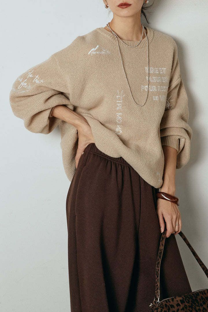 [SET]刺繍ロゴランダムデザインニットトップス+裏起毛スウェットワイドパンツ(2set)