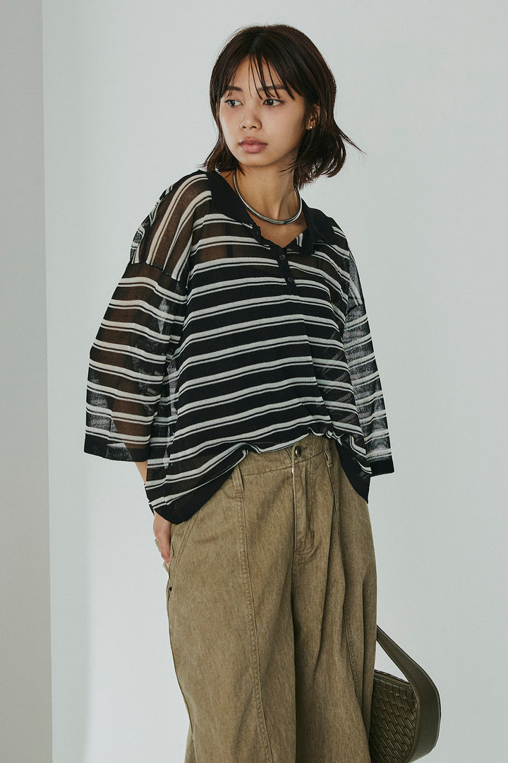 [SET]ボーダーニットポロシャツ+サイドベルトカーブワイドパンツ(2set)