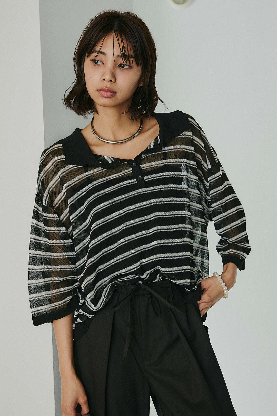 [SET]ボーダーニットポロシャツ+ニーサイドタックウエストドロスパンツ(2set)