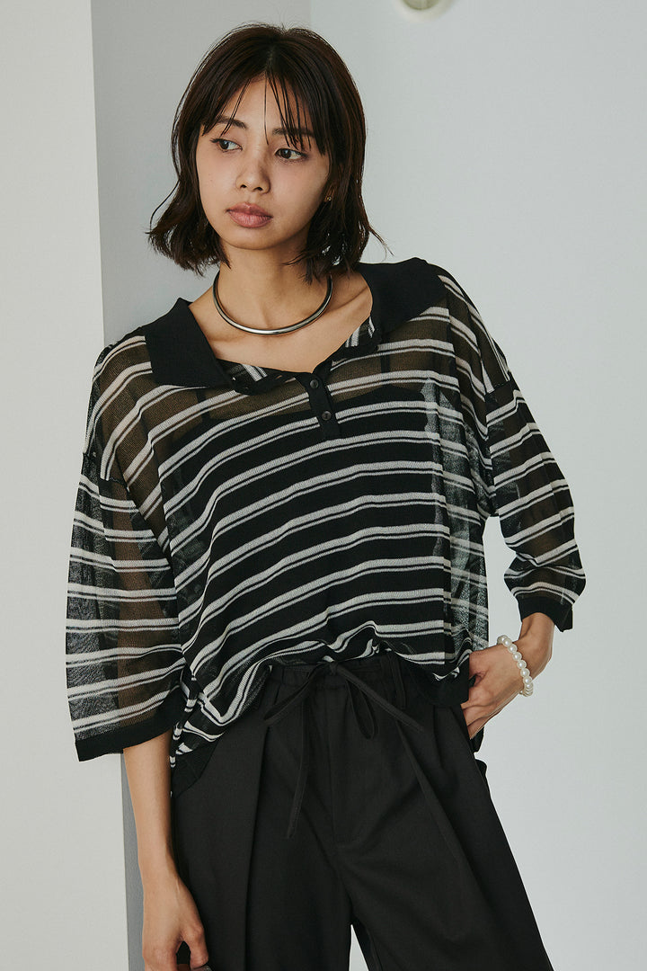 [SET]ボーダーニットポロシャツ+ニーサイドタックウエストドロスパンツ(2set)