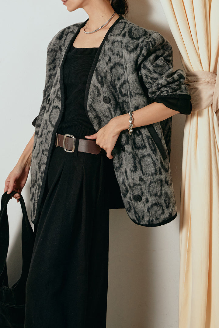 [SET]ノーカラーレオパード柄アウター+フェイクレザー太ベルト付きタックワイドパンツ(2set)