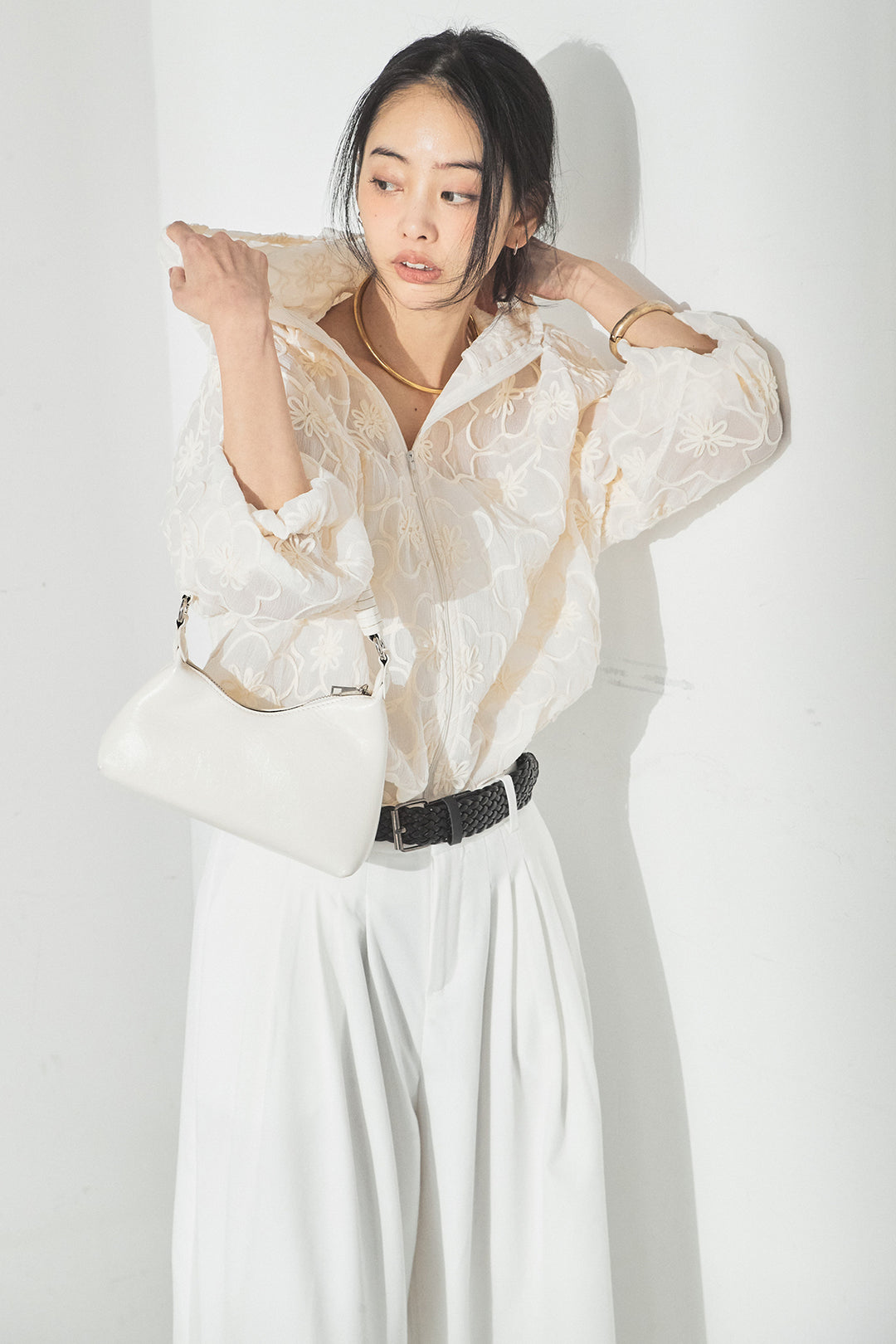 [SET]シアーフラワーフードブルゾン+編みベルト付きウエストタックワイドパンツ(2set)