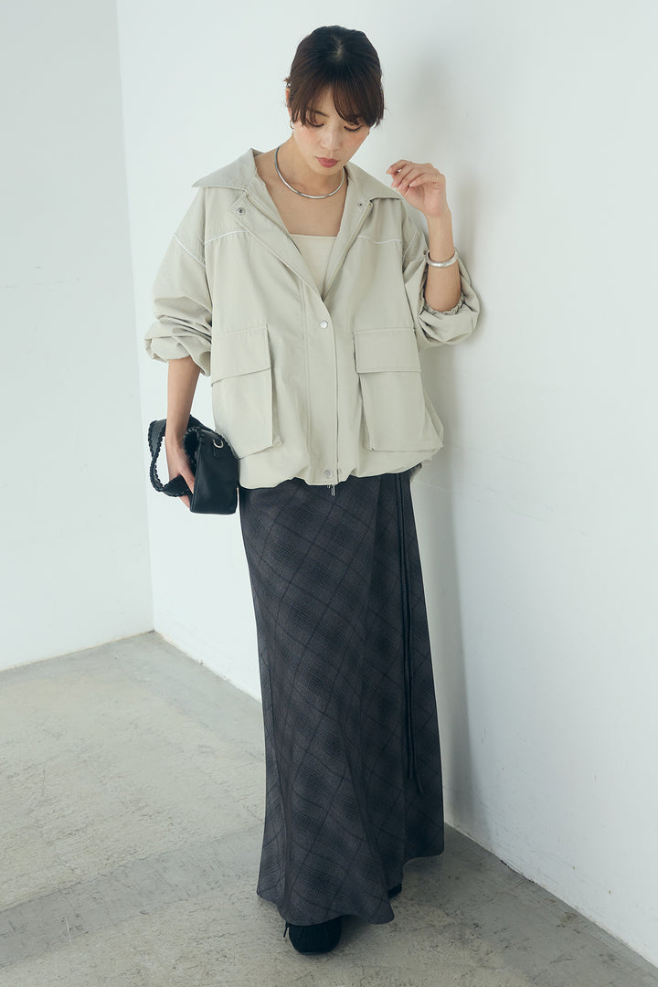 [SET]合繊ツイルバルーンジャケット+タータンチェック柄フロントデザインスカート(2set)