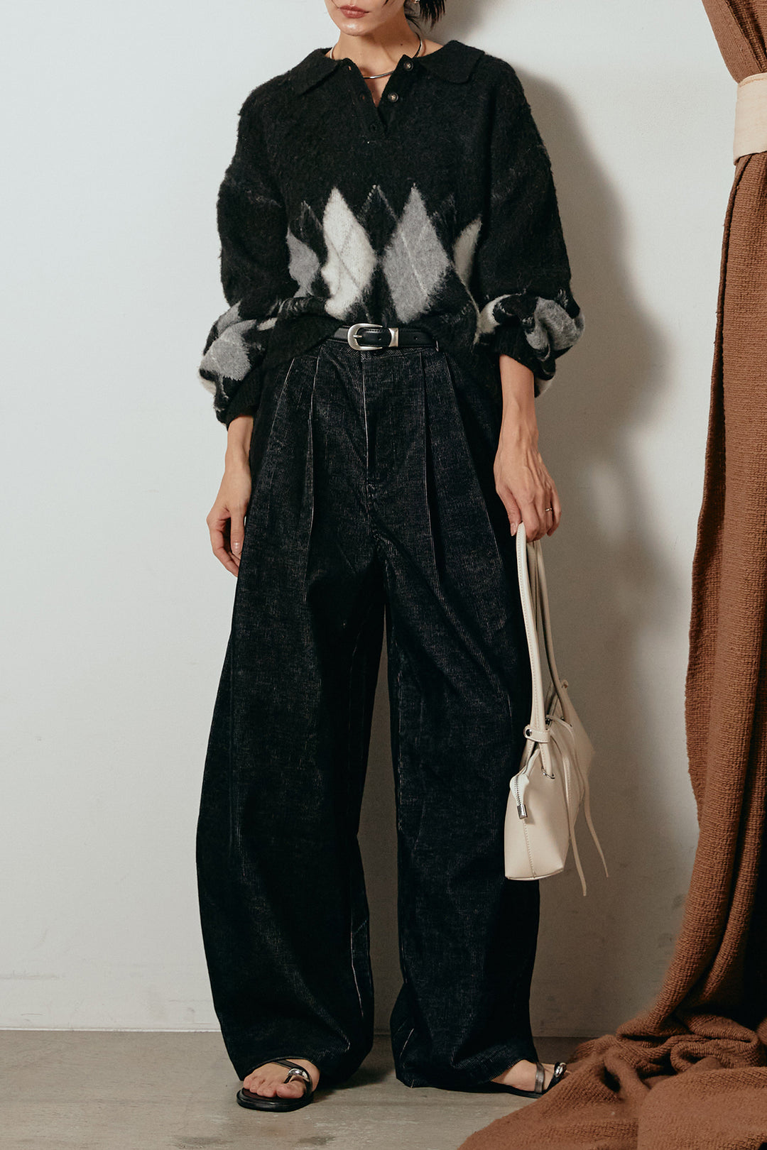 [SET]アーガイル柄ポロニットトップス+フロントタック入りコーデュロイパンツ(2set)