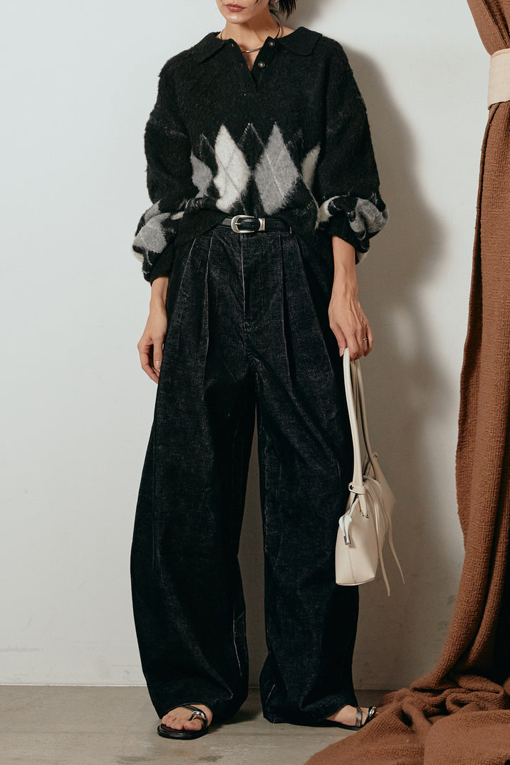 [SET]アーガイル柄ポロニットトップス+フロントタック入りコーデュロイパンツ(2set)