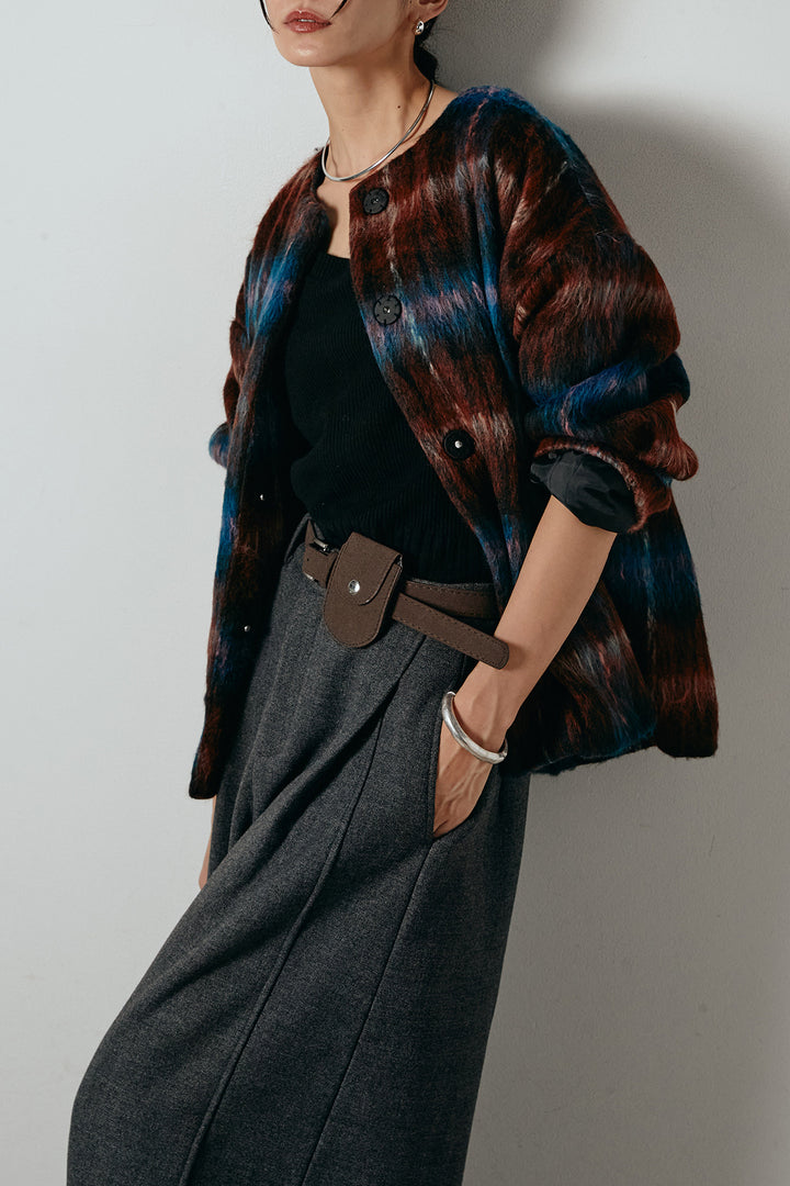 [SET]ノーカラーシャギーチェックアウター+ポーチベルト付きカーブパンツ(2set)