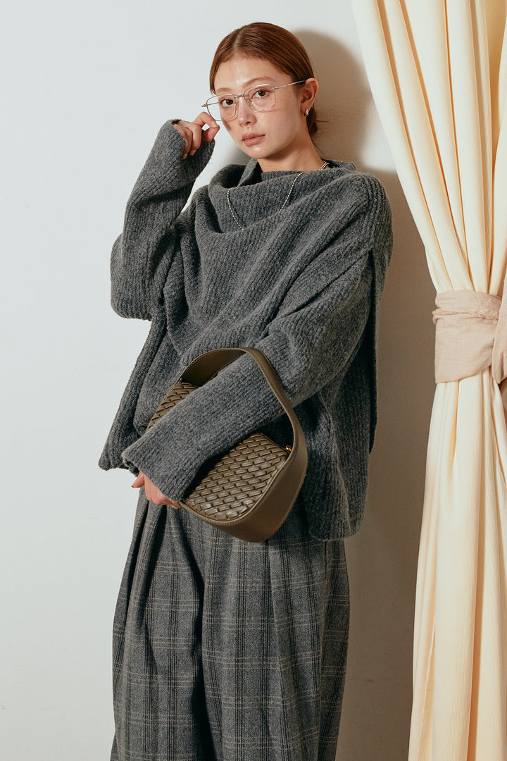 [SET]ケープデザインリブニットトップス+タータンチェック柄タックパンツ(2set)