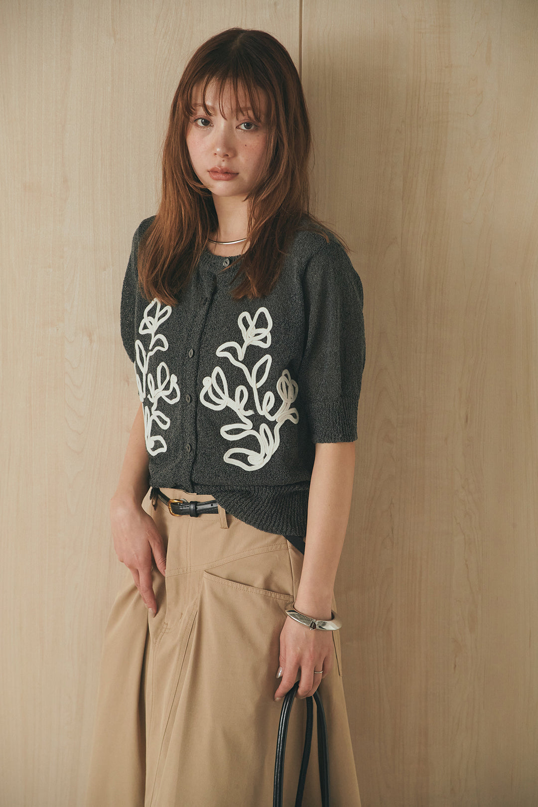 [SET]フロントテープデザイン半袖カーディガン+ミリタリーツイルタックフレアスカート(2set)