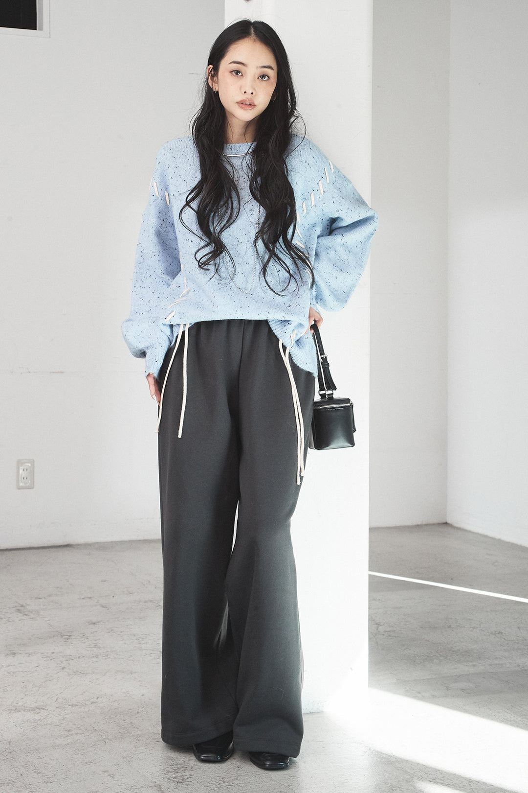 [SET]ネップ編み上げニットトップス+裏起毛スウェットワイドパンツ(2set)