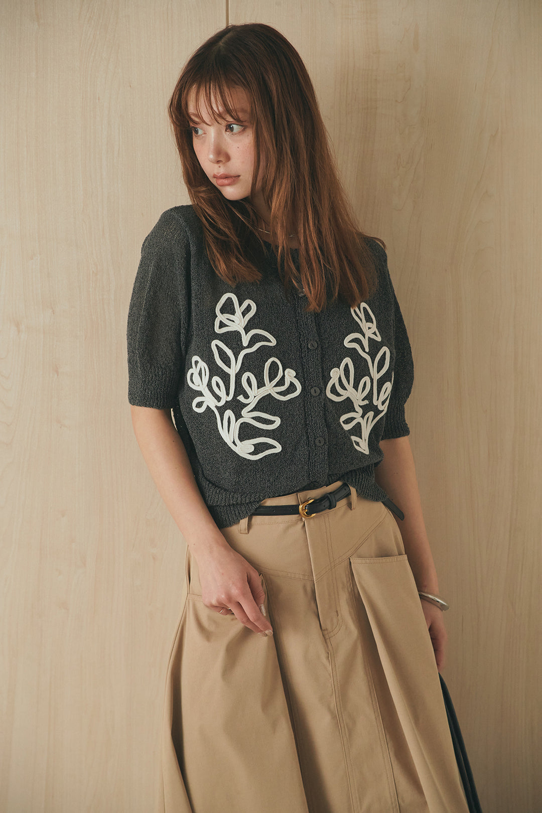 [SET]フロントテープデザイン半袖カーディガン+ミリタリーツイルタックフレアスカート(2set)