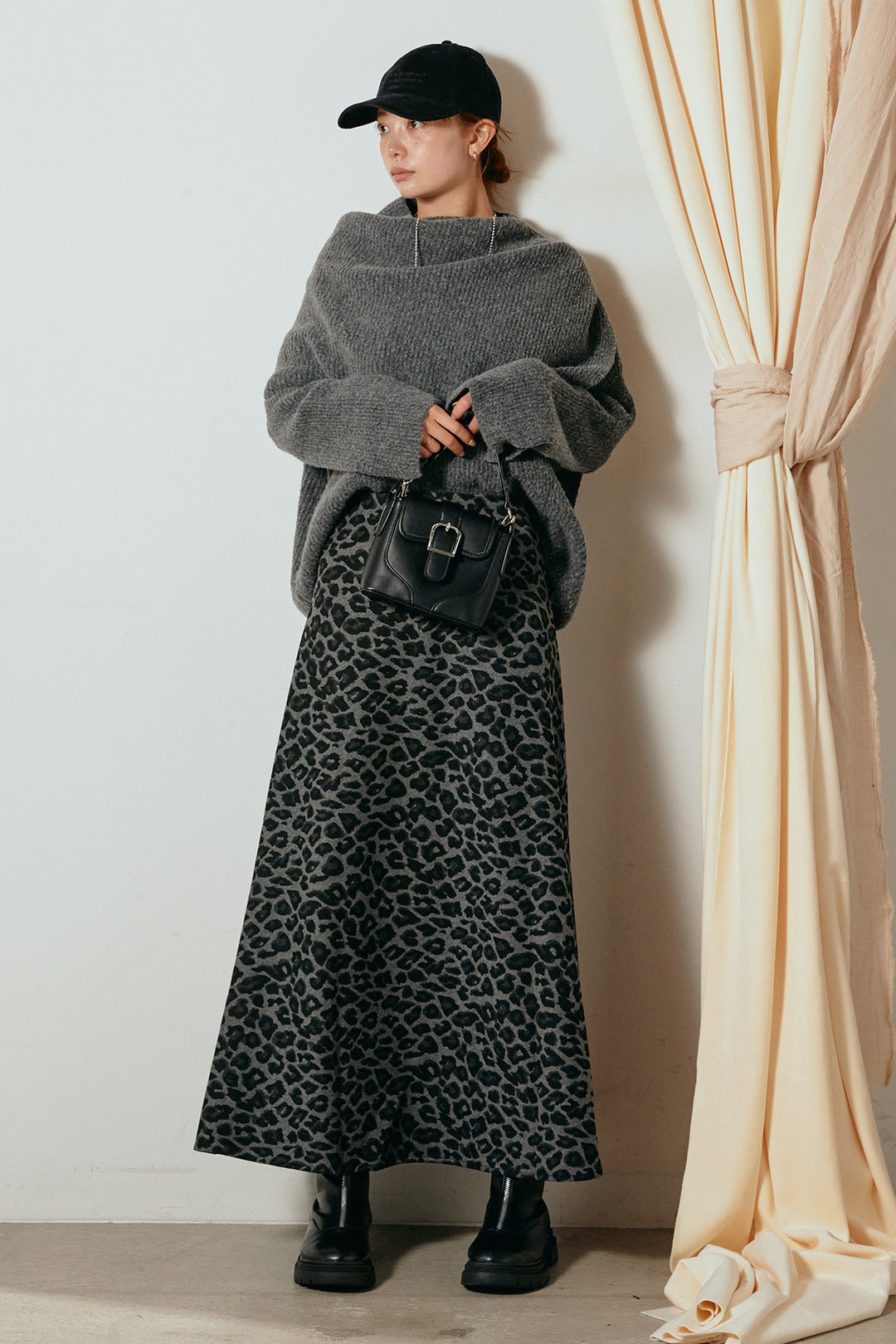 [SET]ケープデザインリブニットトップス+レオパードロングスカート(2set)
