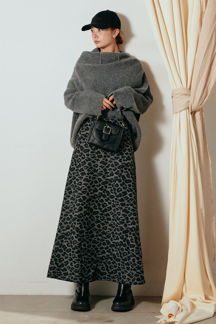 [SET]ケープデザインリブニットトップス+レオパードロングスカート(2set)