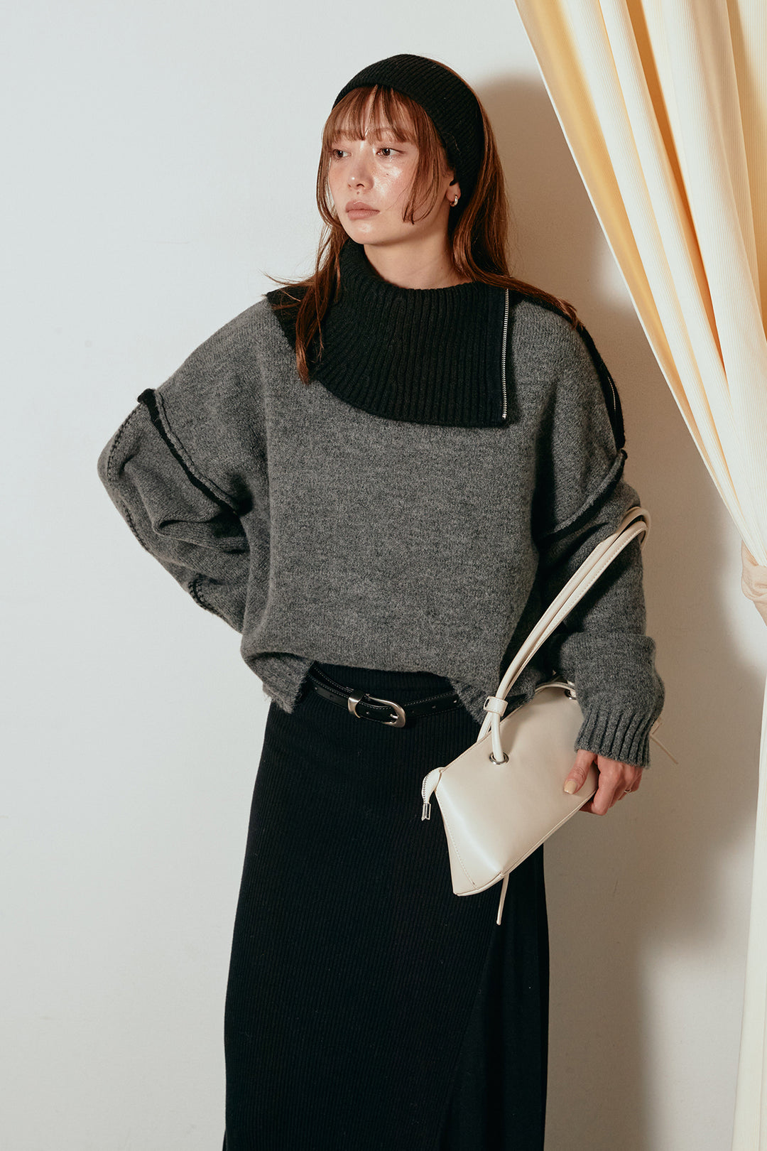 [SET]ハイネックジップデザインニットトップス+サイド切り替えリブニットロングスカート(2set)