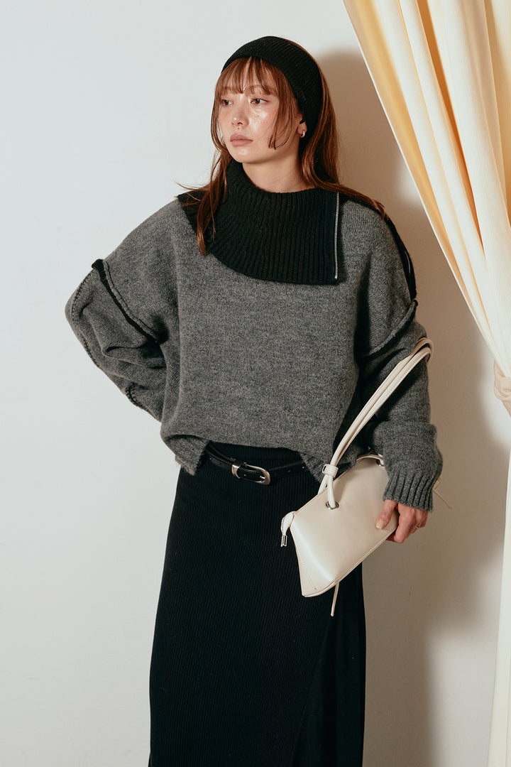 [SET]ハイネックジップデザインニットトップス+サイド切り替えリブニットロングスカート(2set)