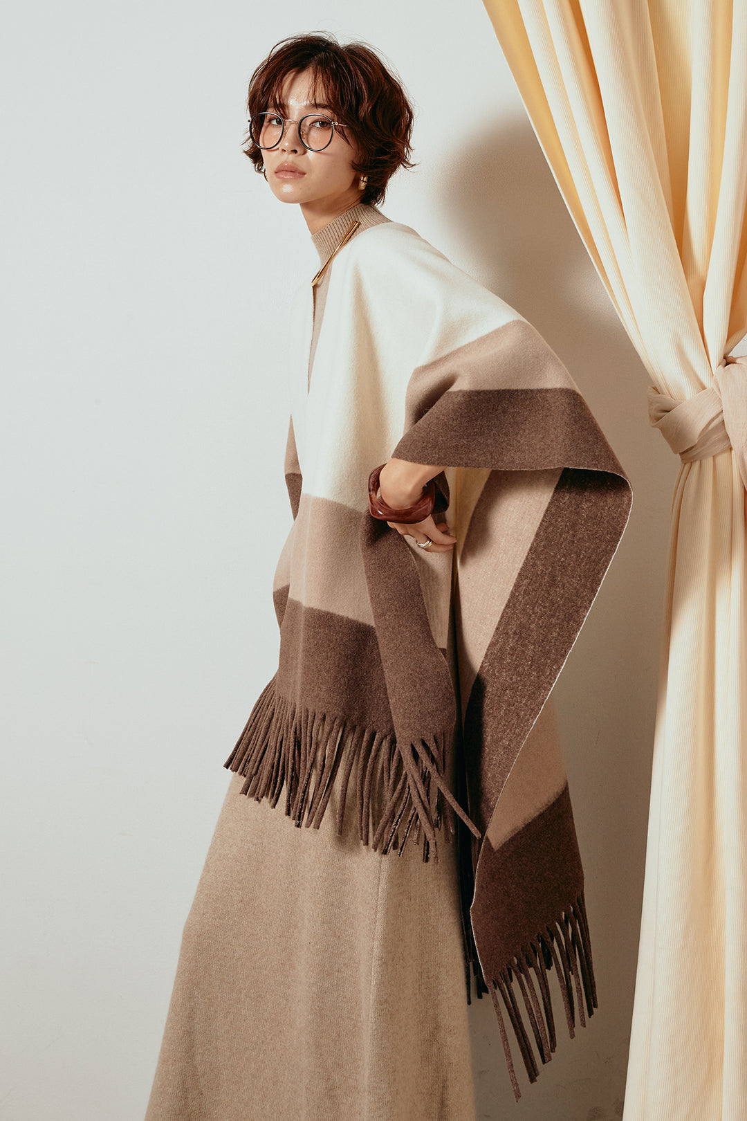 [SET]裾フリンジ柄ポンチョアウター+ノースリーブニットロングワンピース(2set)