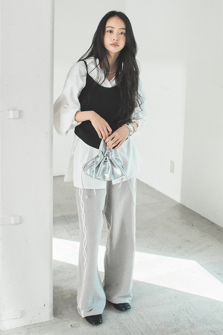 [SET]ニットキャミ付きシャツ+刺繡テープラインパンツ(2set)