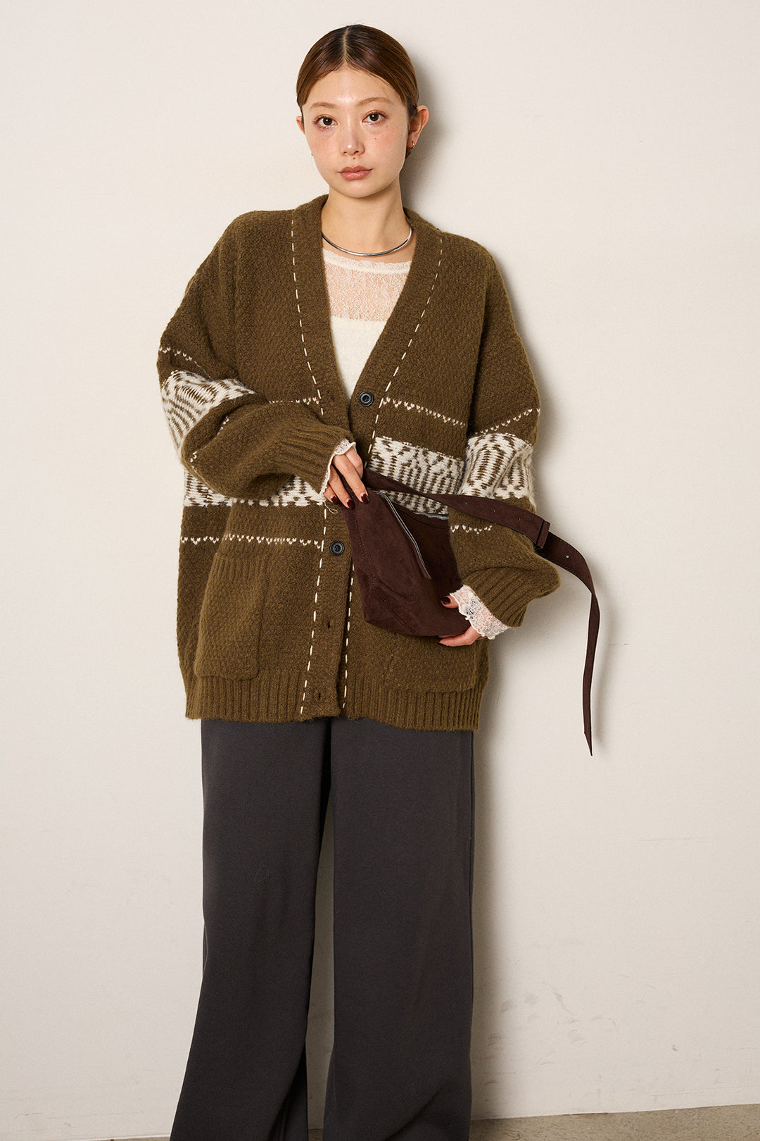 [SET]ライン柄ステッチニットカーディガン+2WAY袖コード刺繍クルーネックプルオーバー+裏起毛スウェットワイドパンツ(3set)