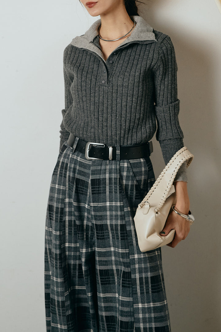 [SET]レイヤード風リブニットトップス+ベルト付きタータンチェックカーブワイドパンツ(2set)
