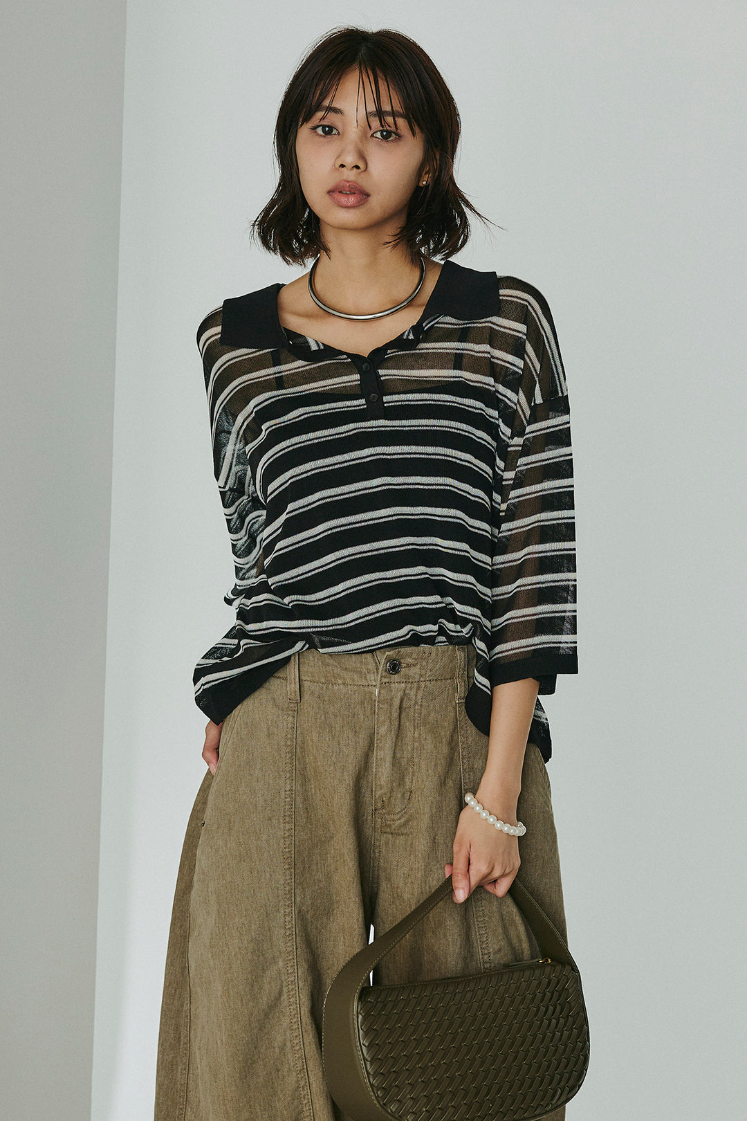 [SET]ボーダーニットポロシャツ+サイドベルトカーブワイドパンツ(2set)