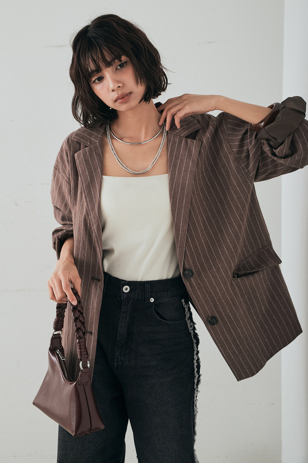 [SET]リネンライクストライプテーラードジャケット+デニムサイドフリルパンツ(2set)