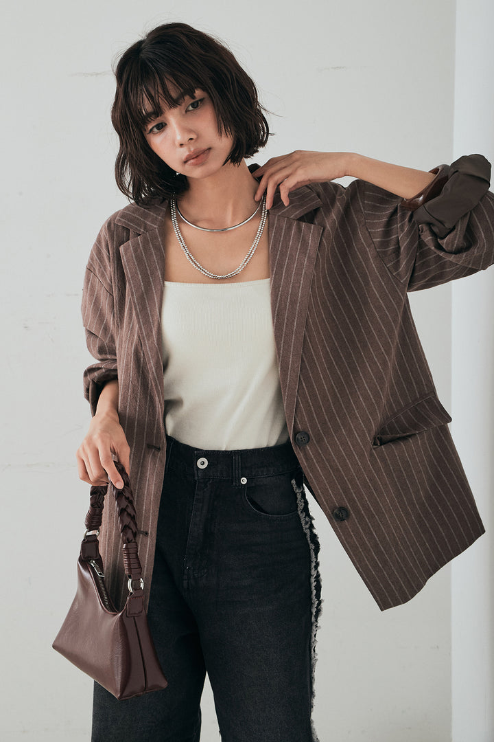 [SET]リネンライクストライプテーラードジャケット+デニムサイドフリルパンツ(2set)