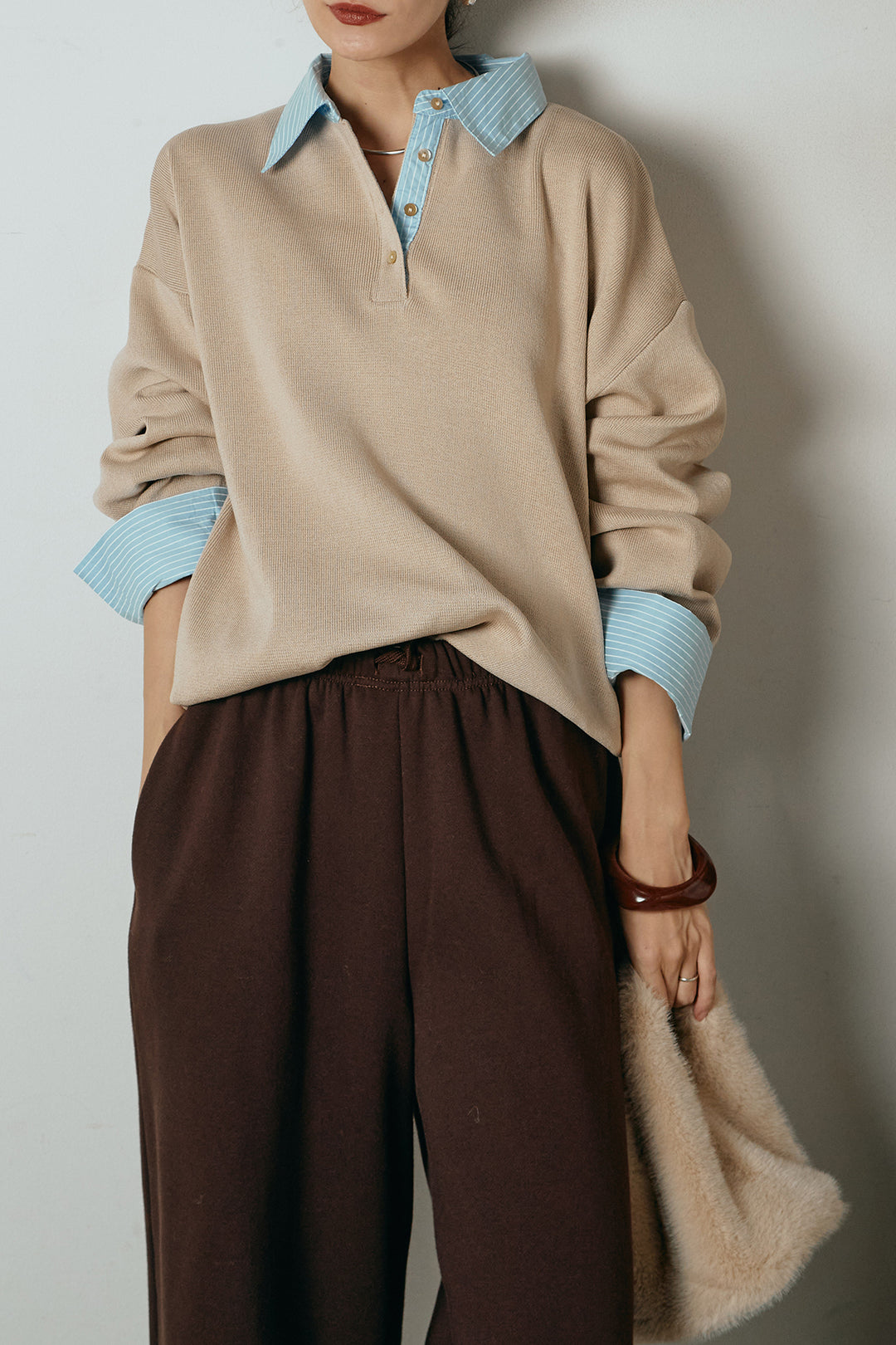 [SET]ストライプシャツドッキングポロトップス+裏起毛スウェットワイドパンツ(2set)