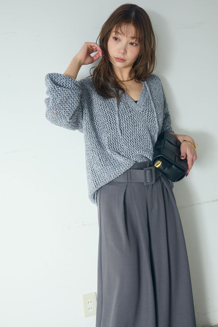 【即納】ミックスメッシュキーネックプルオーバー