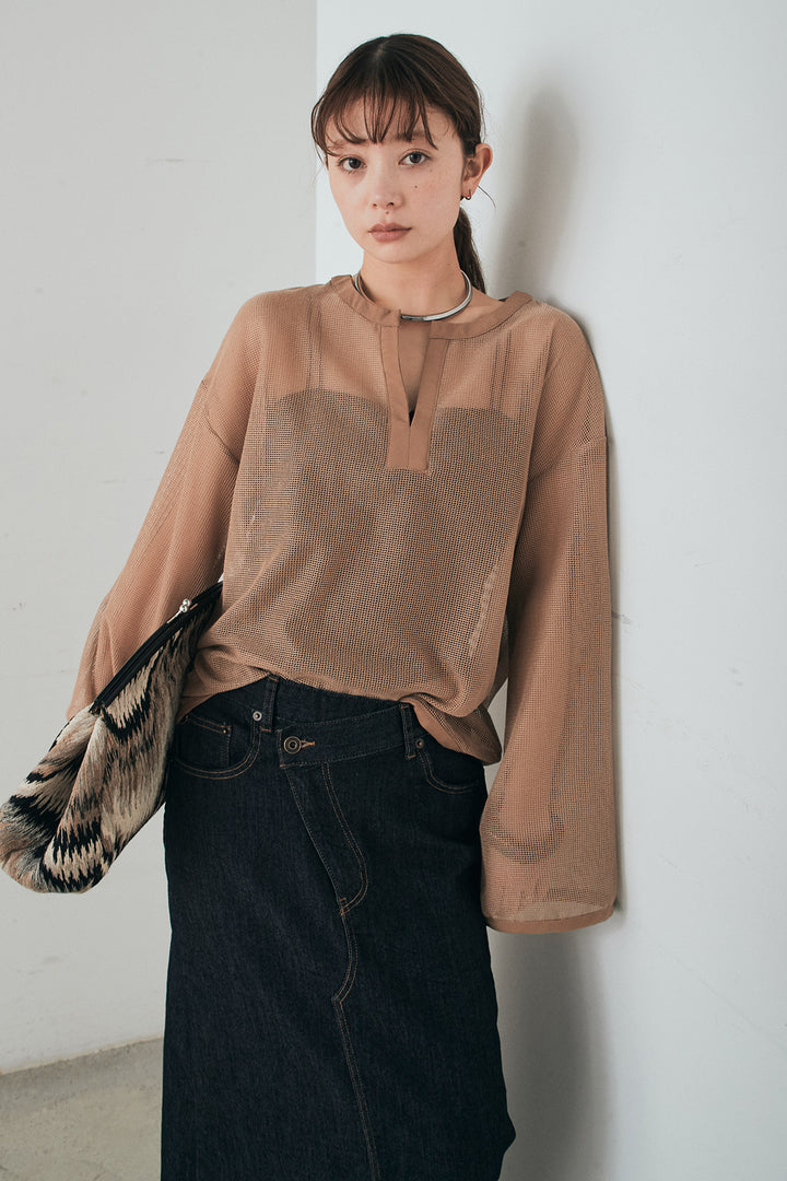 [SET]メッシュカットソースキッパープルオーバー+ウエストクロスデニムタイトスカート(2set)