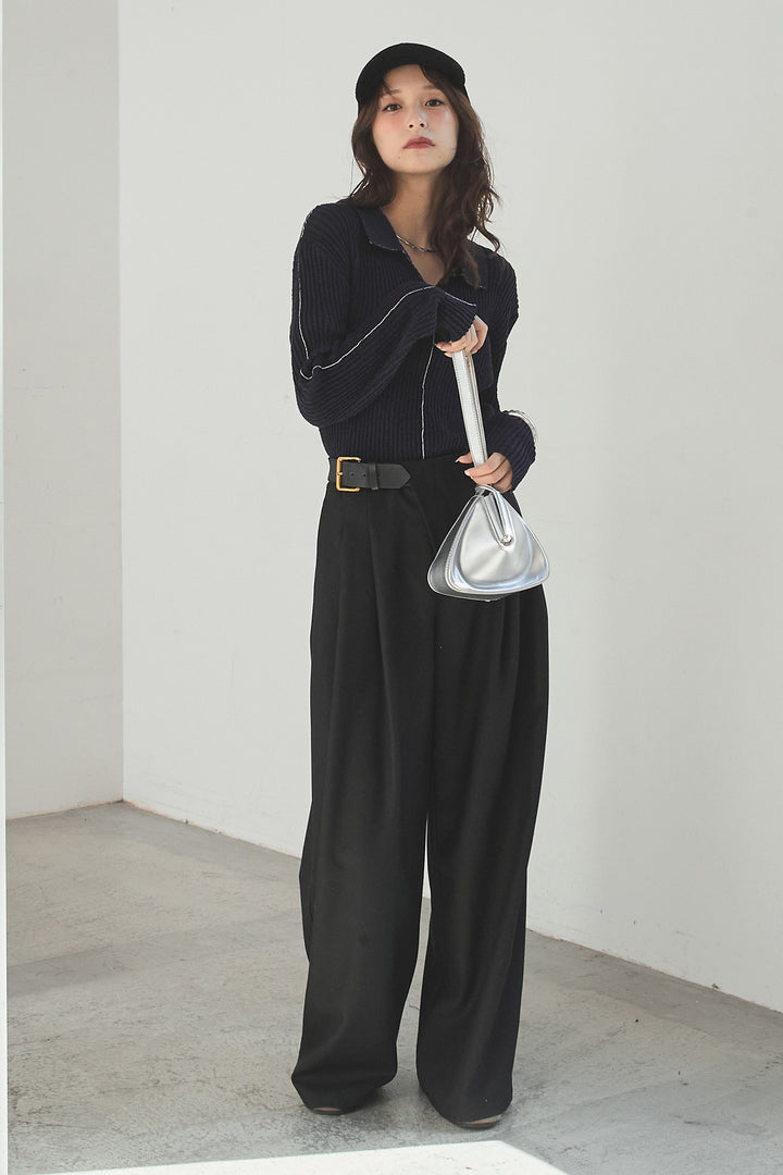 [SET]衿付きニットプルオーバー+サイドベルトタック入りスラックス(2set)