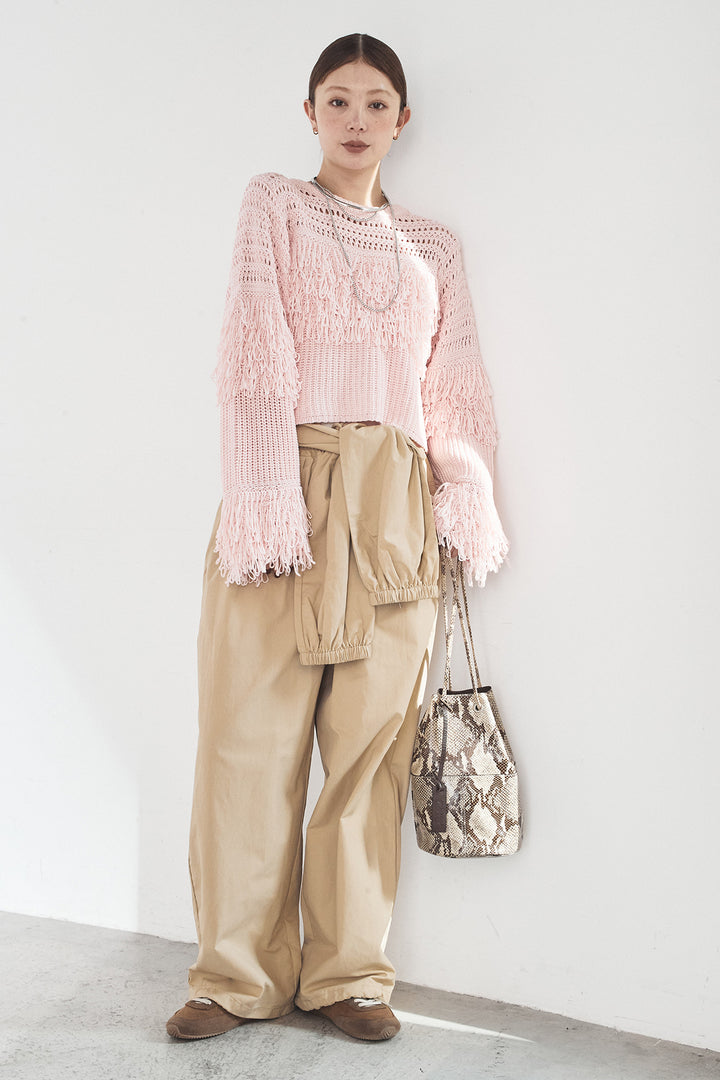 [SET]メッシュフリンジ切り替えプルオーバー+合繊ツイルスタンドウエスト巻きジョガーパンツ(2set)