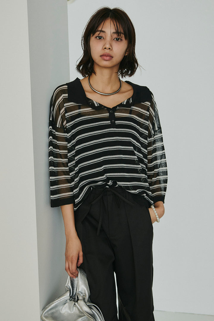 [SET]ボーダーニットポロシャツ+ニーサイドタックウエストドロスパンツ(2set)