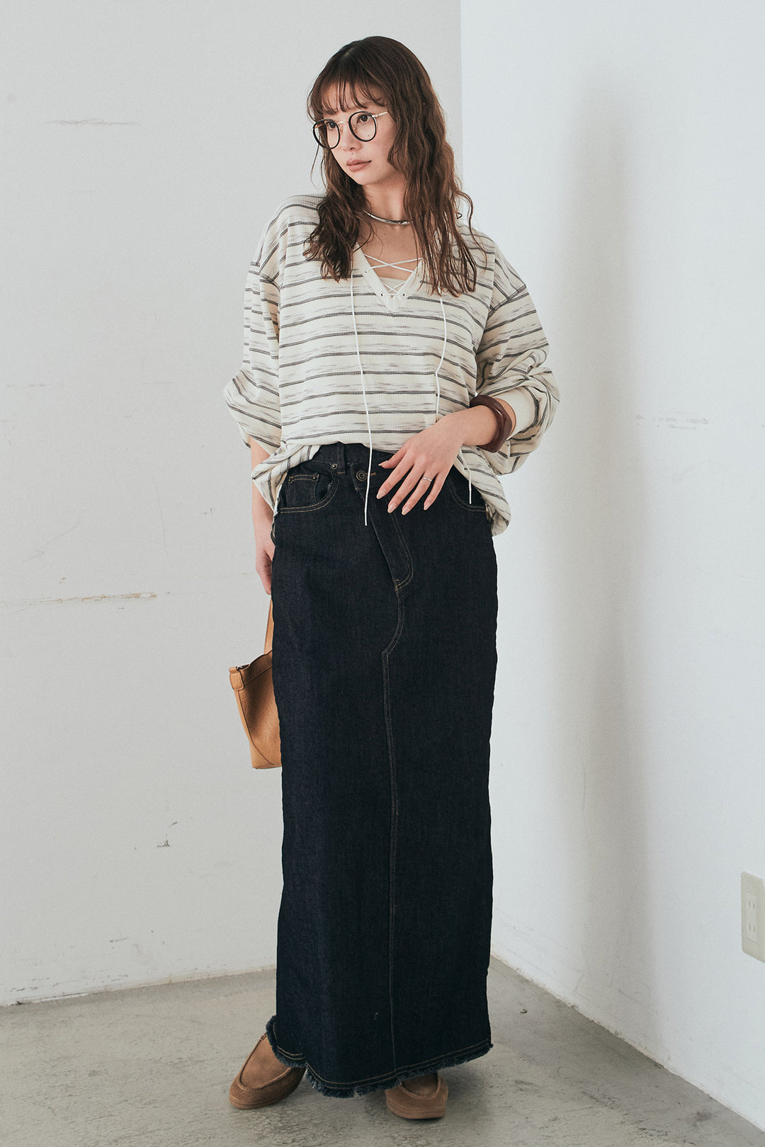 [SET]レースアップワッフルボーダートップス+ウエストクロスデニムタイトスカート(2set)