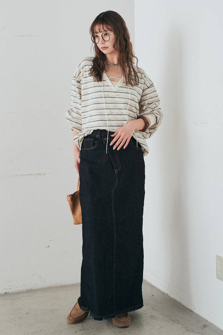 [SET]レースアップワッフルボーダートップス+ウエストクロスデニムタイトスカート(2set)