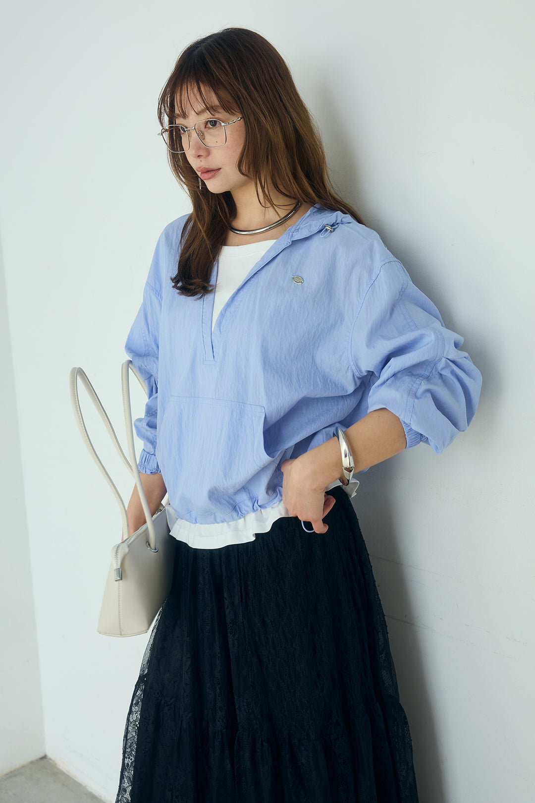 [SET]レイヤードデザインフーディートップス+ひげレース切替ロング丈スカート(2set)