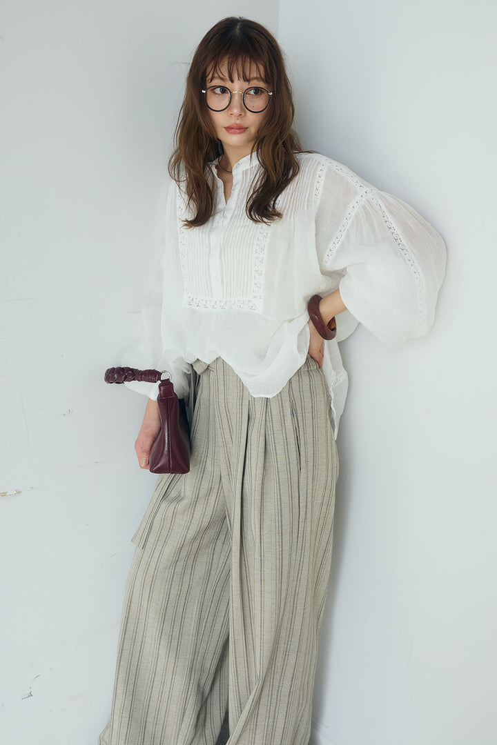 [SET]レース刺繍ラインバンドカラーシャツ+リネンライクピンストライプサイドデザインパンツ(2set)
