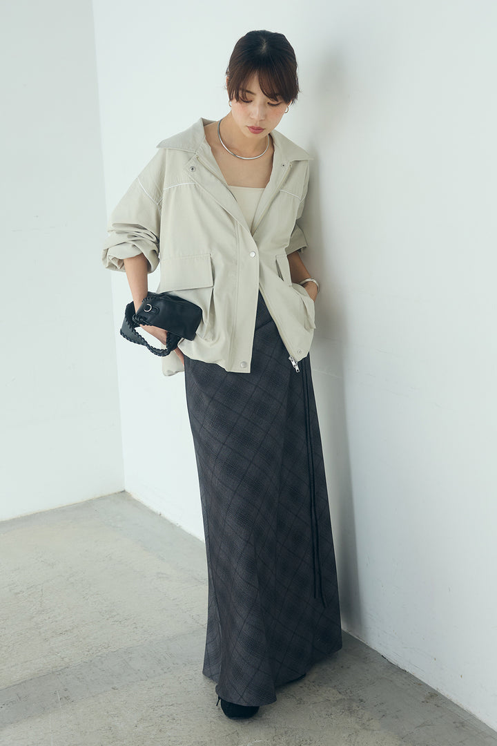 [SET]合繊ツイルバルーンジャケット+タータンチェック柄フロントデザインスカート(2set)