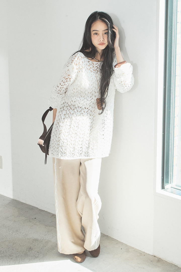 [SET]リラックスメッシュニットトップス+刺繡テープラインパンツ(2set)