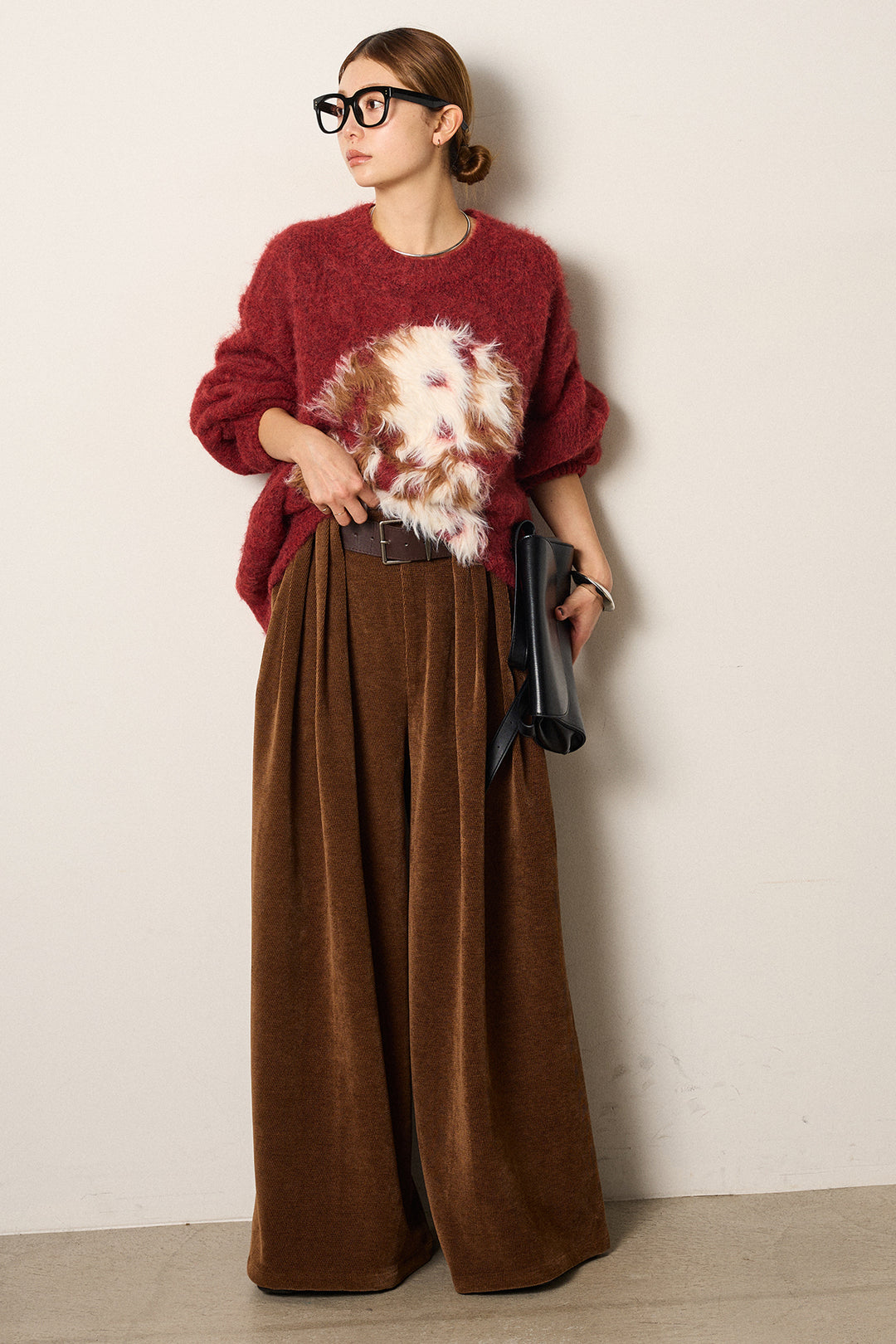 [SET]シャギーニュアンスアニマルニット+ベルトループコーデュロイワイドパンツ(2set)