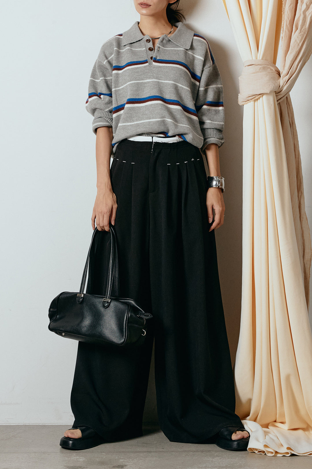 [SET]襟付きマルチボーダーニットポロトップス+ウエストステッチデザインワイドスラックス(2set)