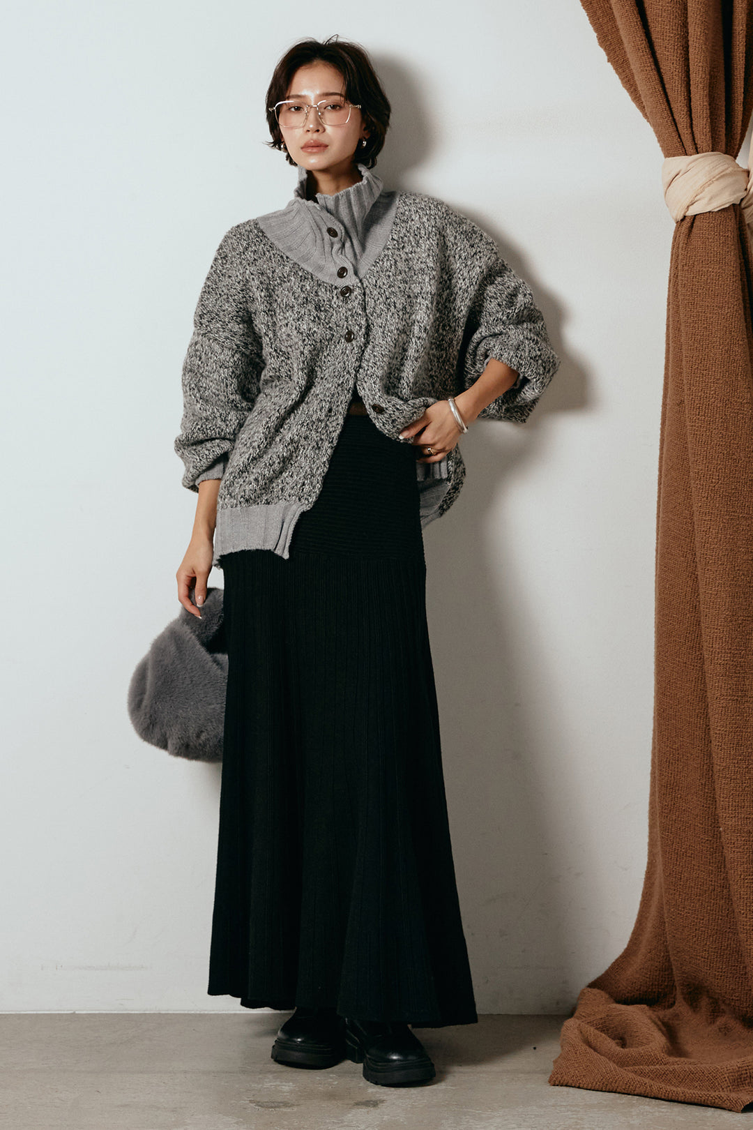 [SET]ハイネックミックスニットカーディガン+編み地切り替えフレアニットスカート(2set)