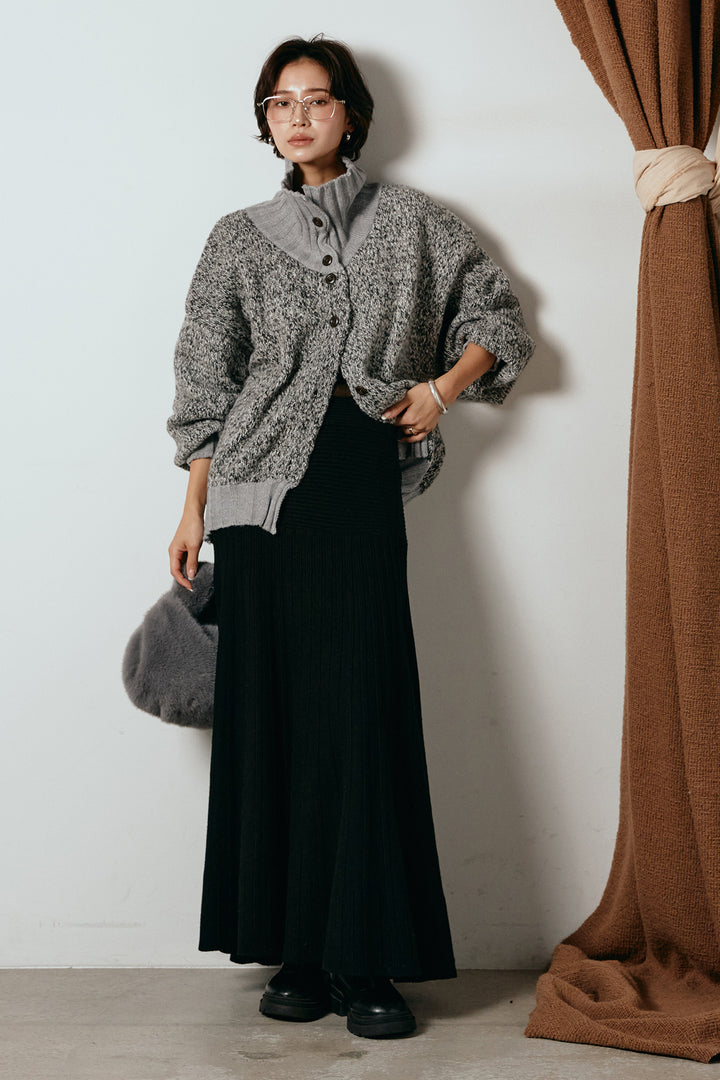 [SET]ハイネックミックスニットカーディガン+編み地切り替えフレアニットスカート(2set)