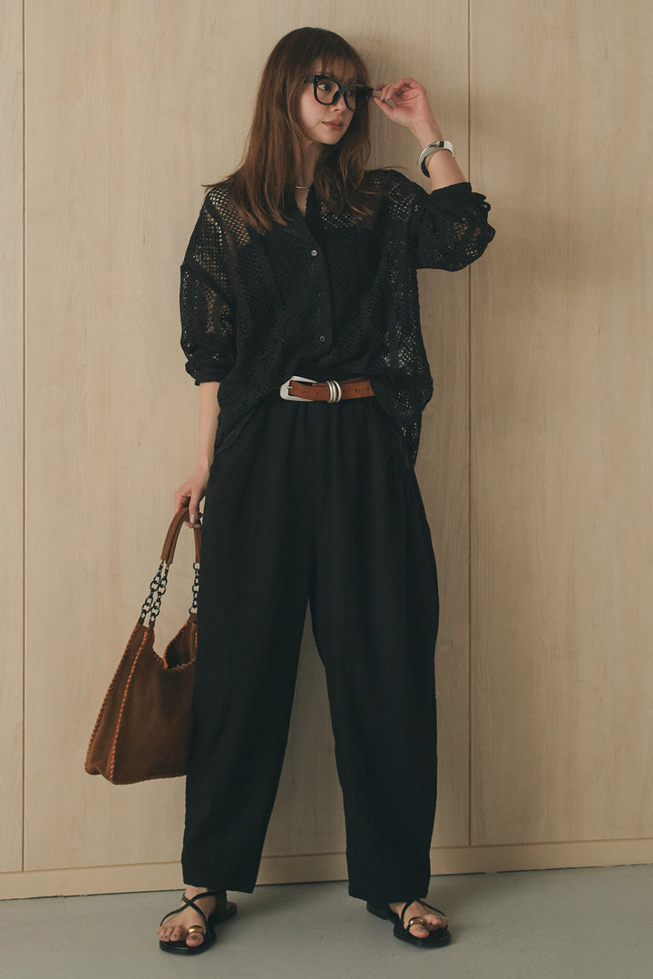 [SET]長袖襟付きレースシャツ+ポケットタックフォルムパンツ(2set)