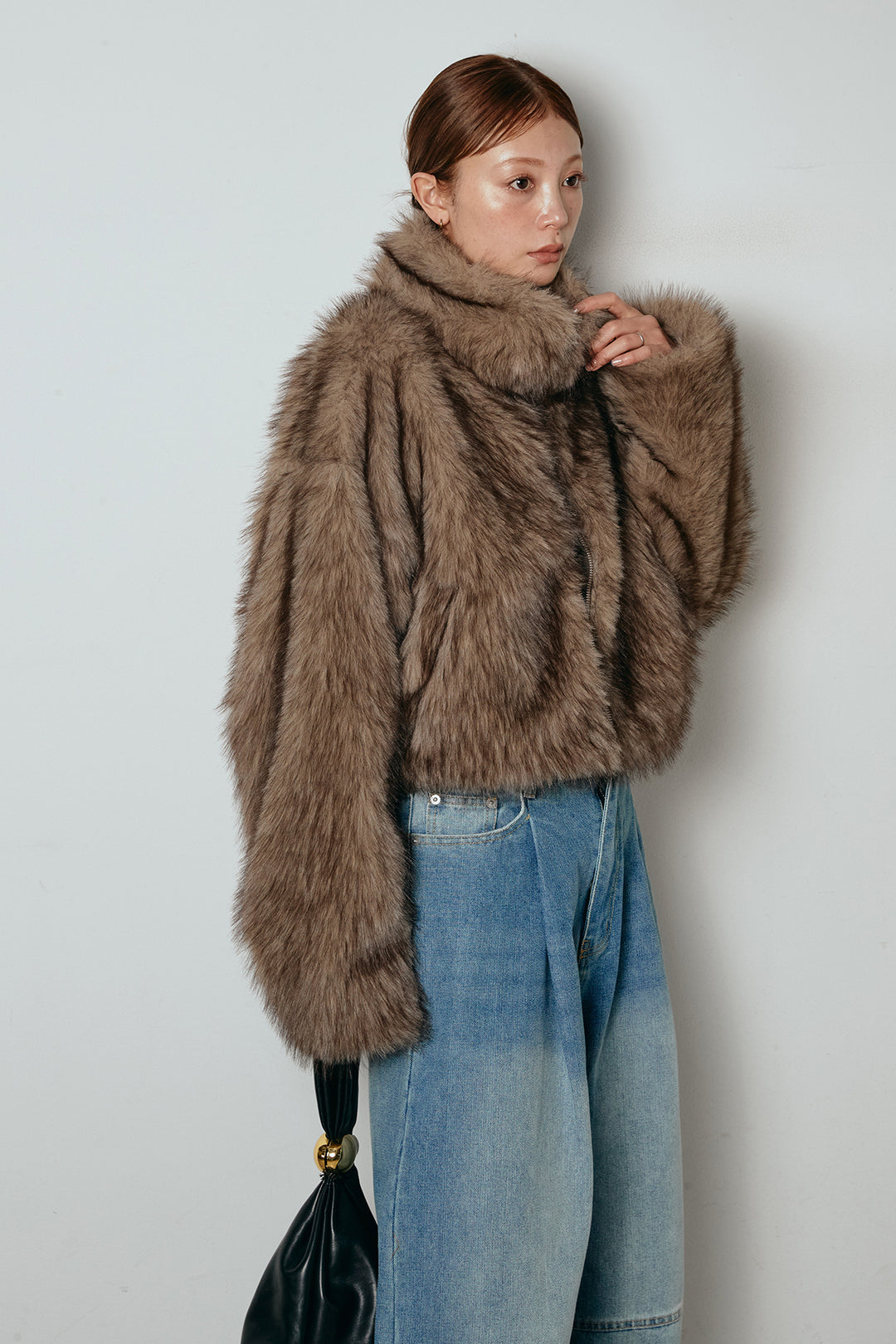 [SET]エコファーショート丈ブルゾン+加工デニムタックコクーンワイドパンツ(2set)