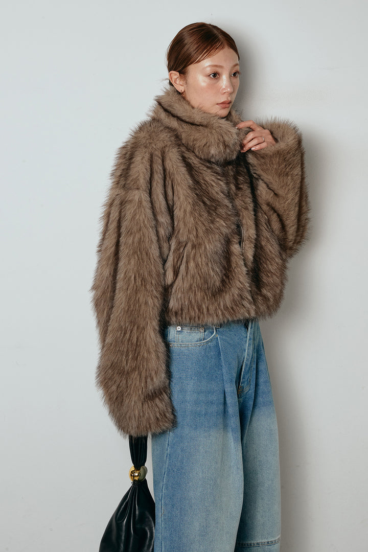 [SET]エコファーショート丈ブルゾン+加工デニムタックコクーンワイドパンツ(2set)