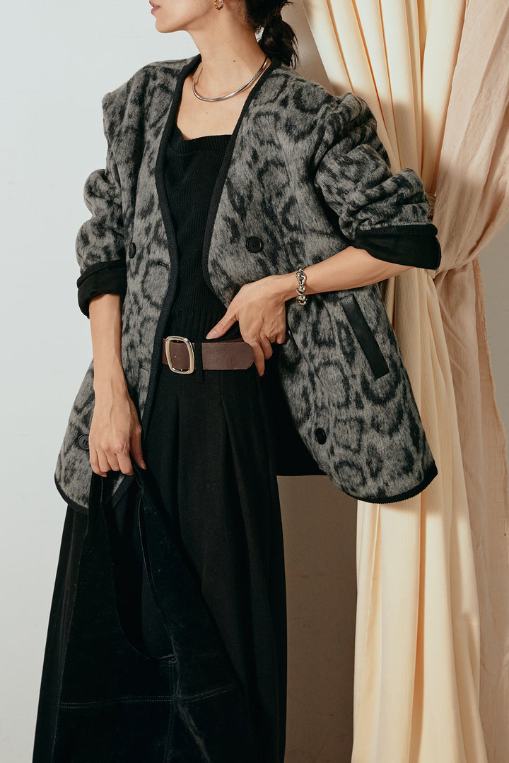 [SET]ノーカラーレオパード柄アウター+フェイクレザー太ベルト付きタックワイドパンツ(2set)
