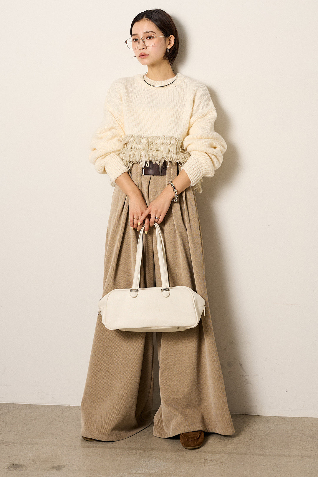 [SET]ループ編み切り替えニットプルオーバー+ベルトループコーデュロイワイドパンツ(2set)