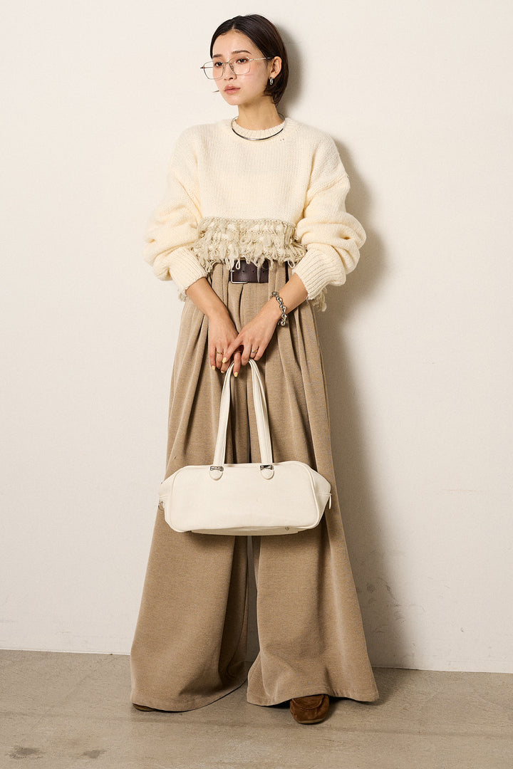 [SET]ループ編み切り替えニットプルオーバー+ベルトループコーデュロイワイドパンツ(2set)